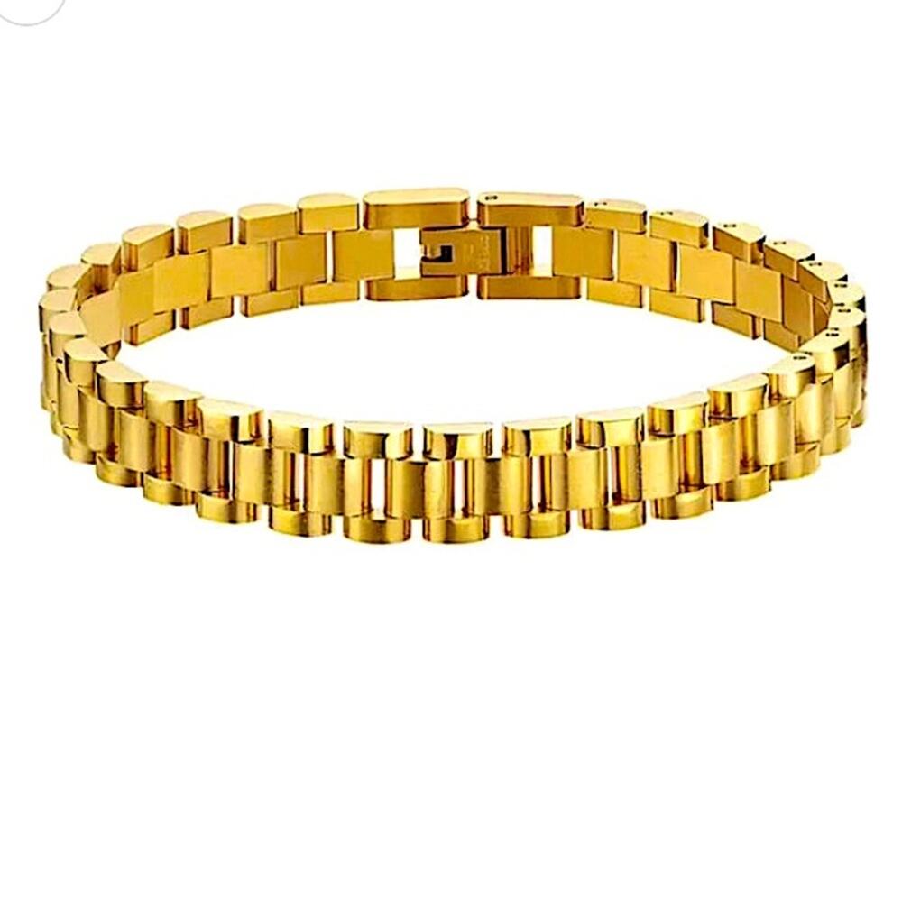 Gold Watch Link Bracelet Stainless Steel 18k Gold Plated - Picture 5 of 6